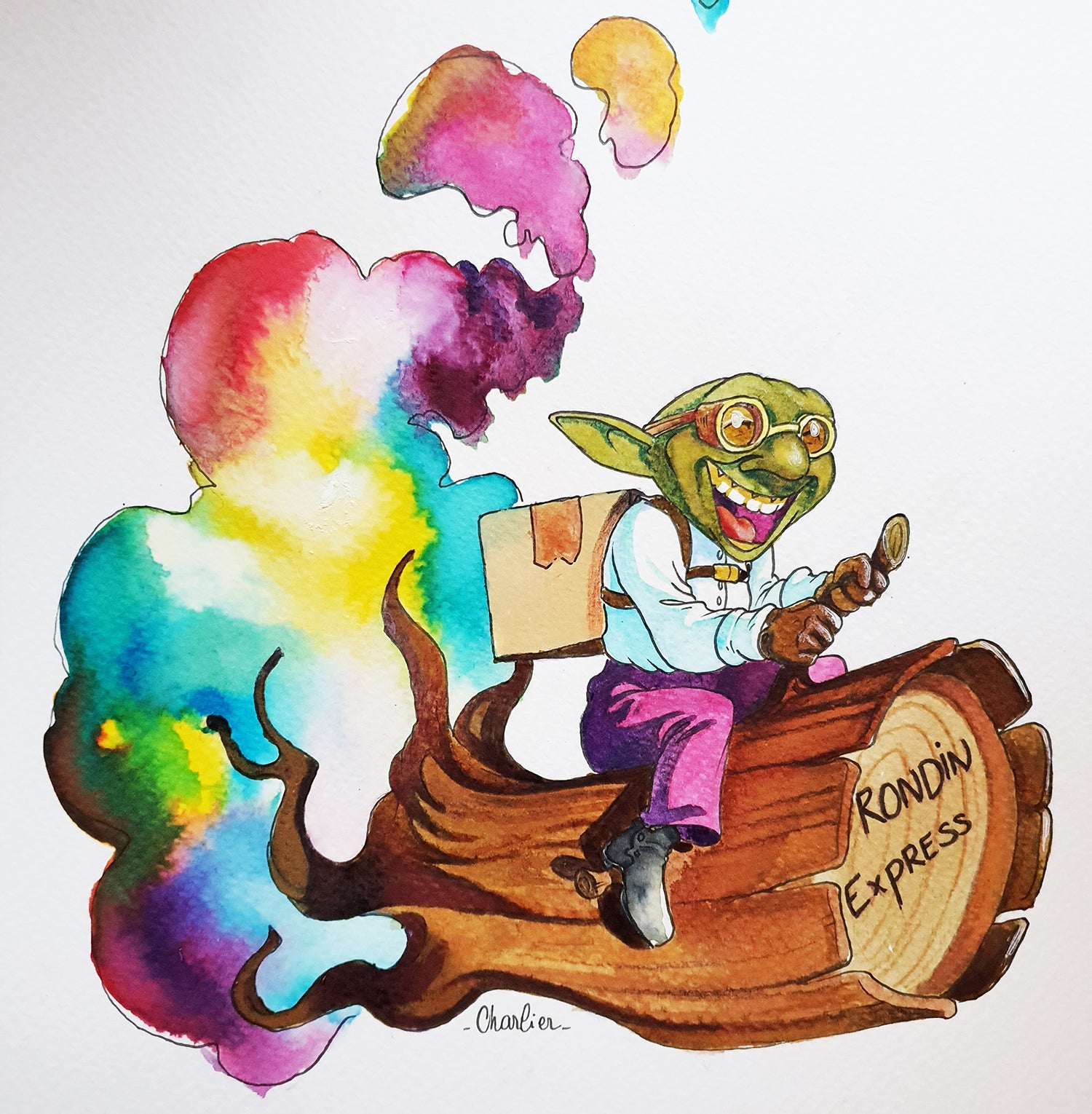 Elfe livreur Rondin Express avec un colis sur le dos et un nuage de fumée multicolore oeuvre de julien charlier