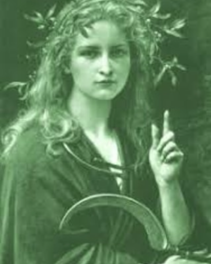 druidesse avec sa serpe dans des couleurs vertes