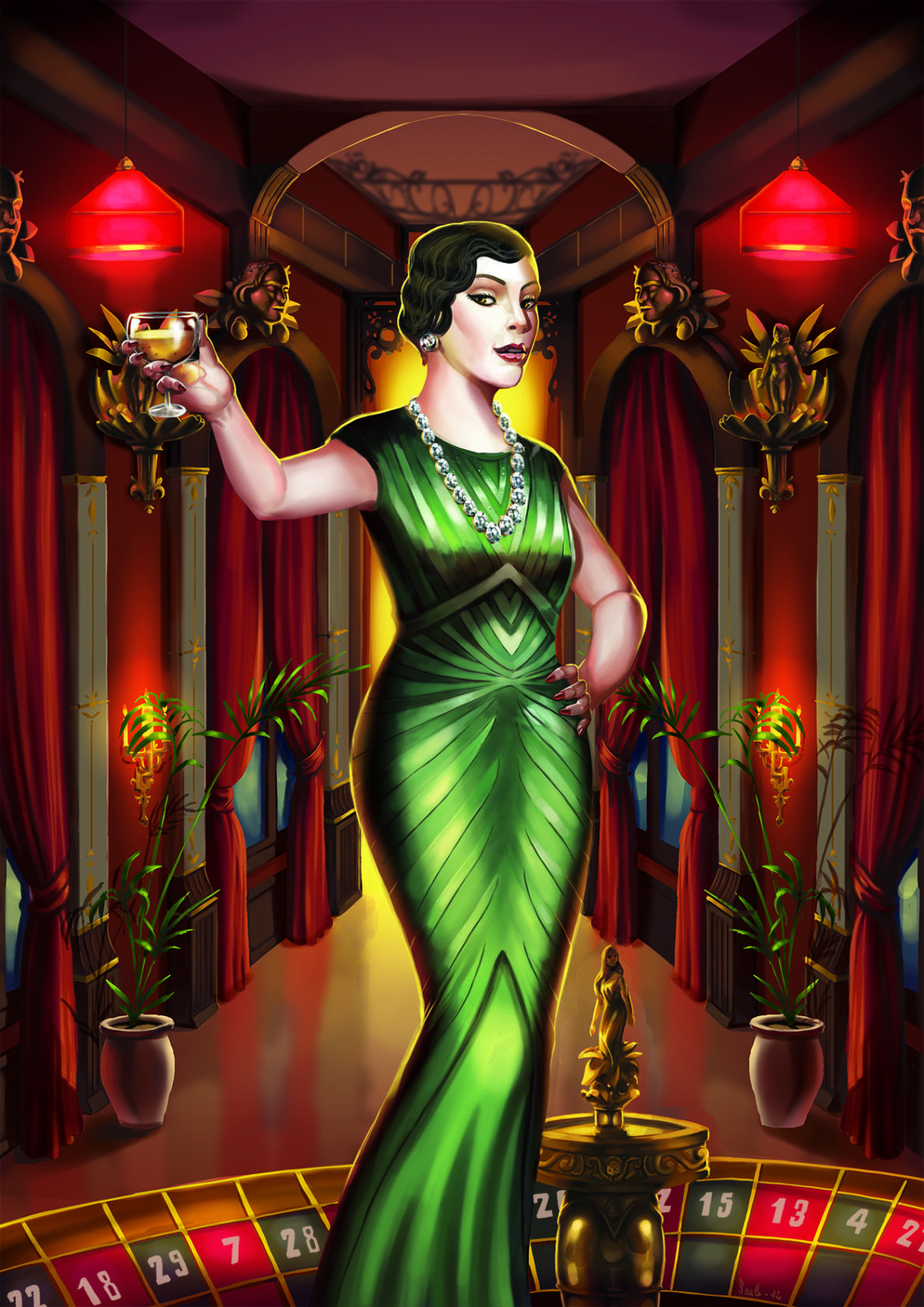 Lady Luck reine du casino tenant une coupe de champagne à la main